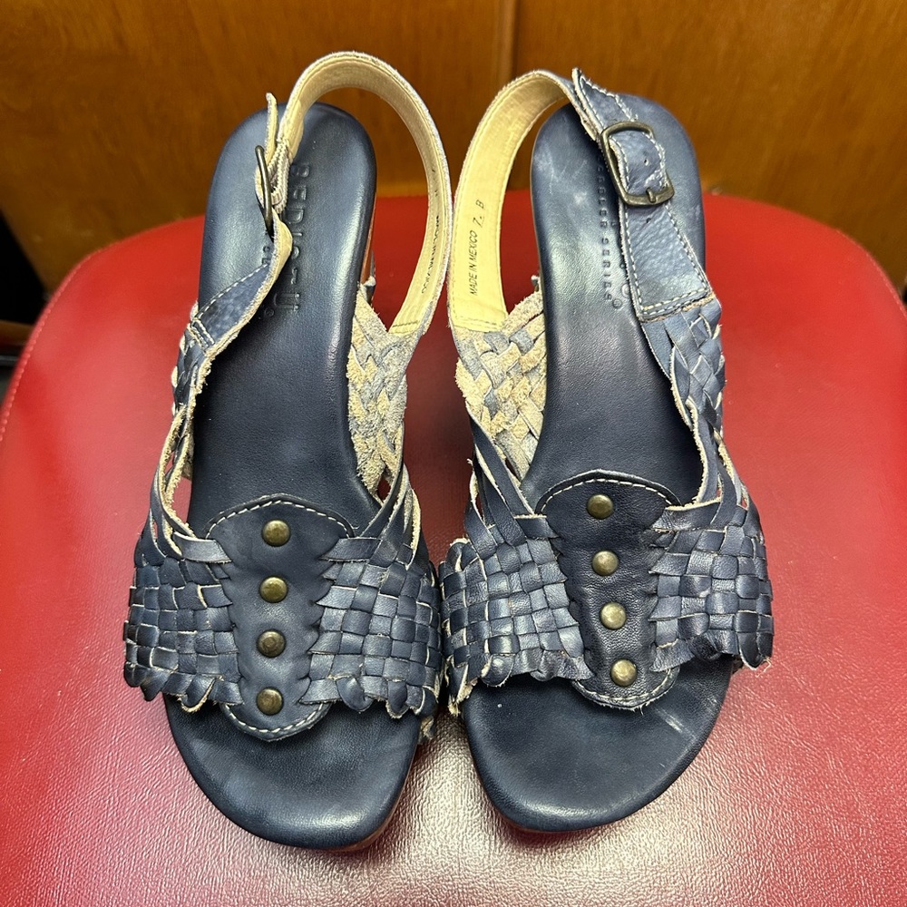 Bed Stu Navy woven wedge sandals Size 7